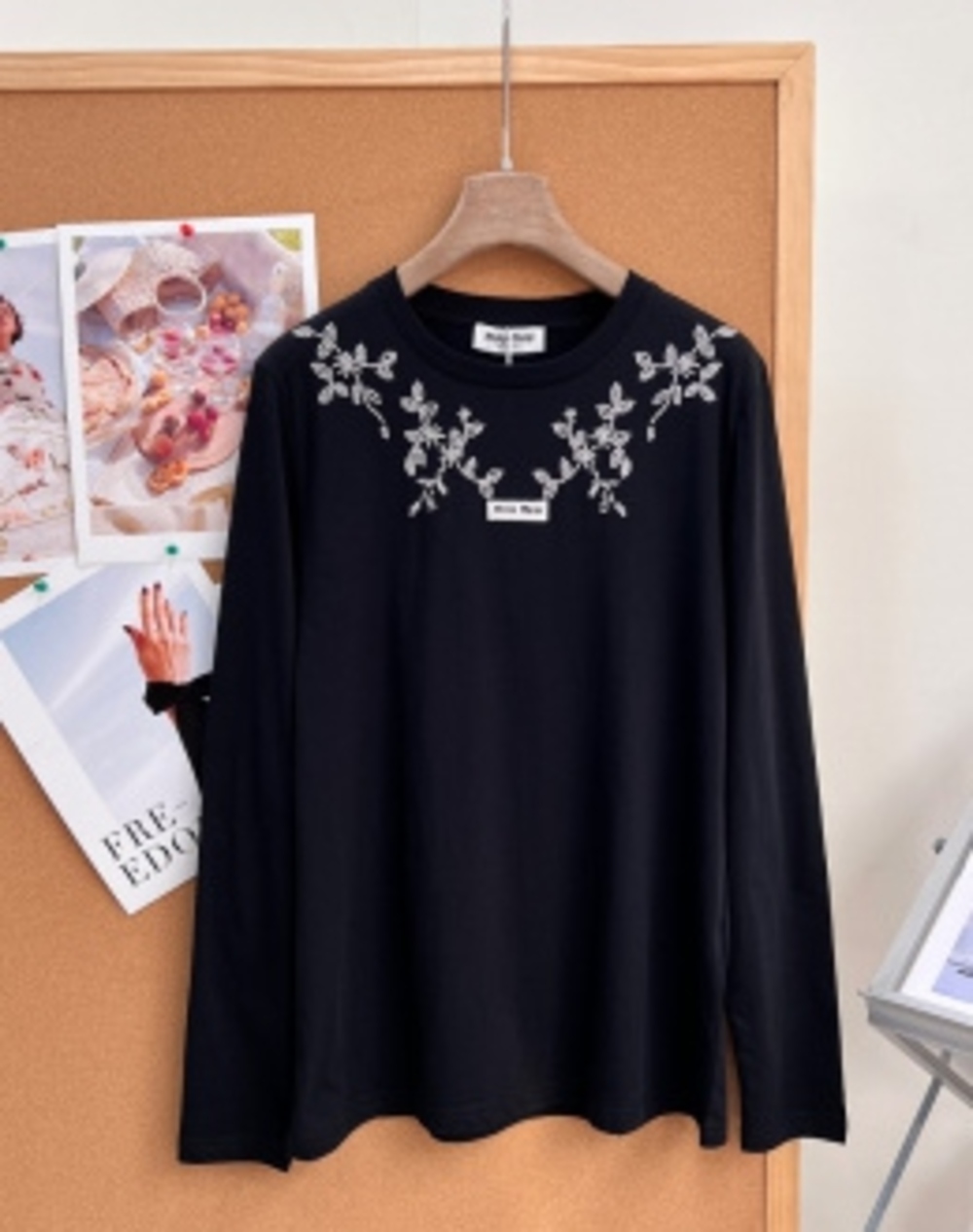 🖤Miu Miu Black Long‑Sleeve Top Silver Floral Neckline Embroidery